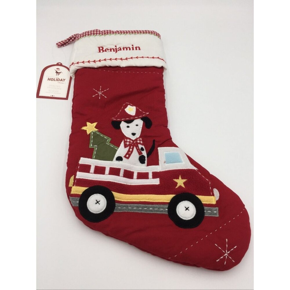 Pottery Barn Kids Benjamin Christmas Stocking Fire Truck Dog Holiday Quilted